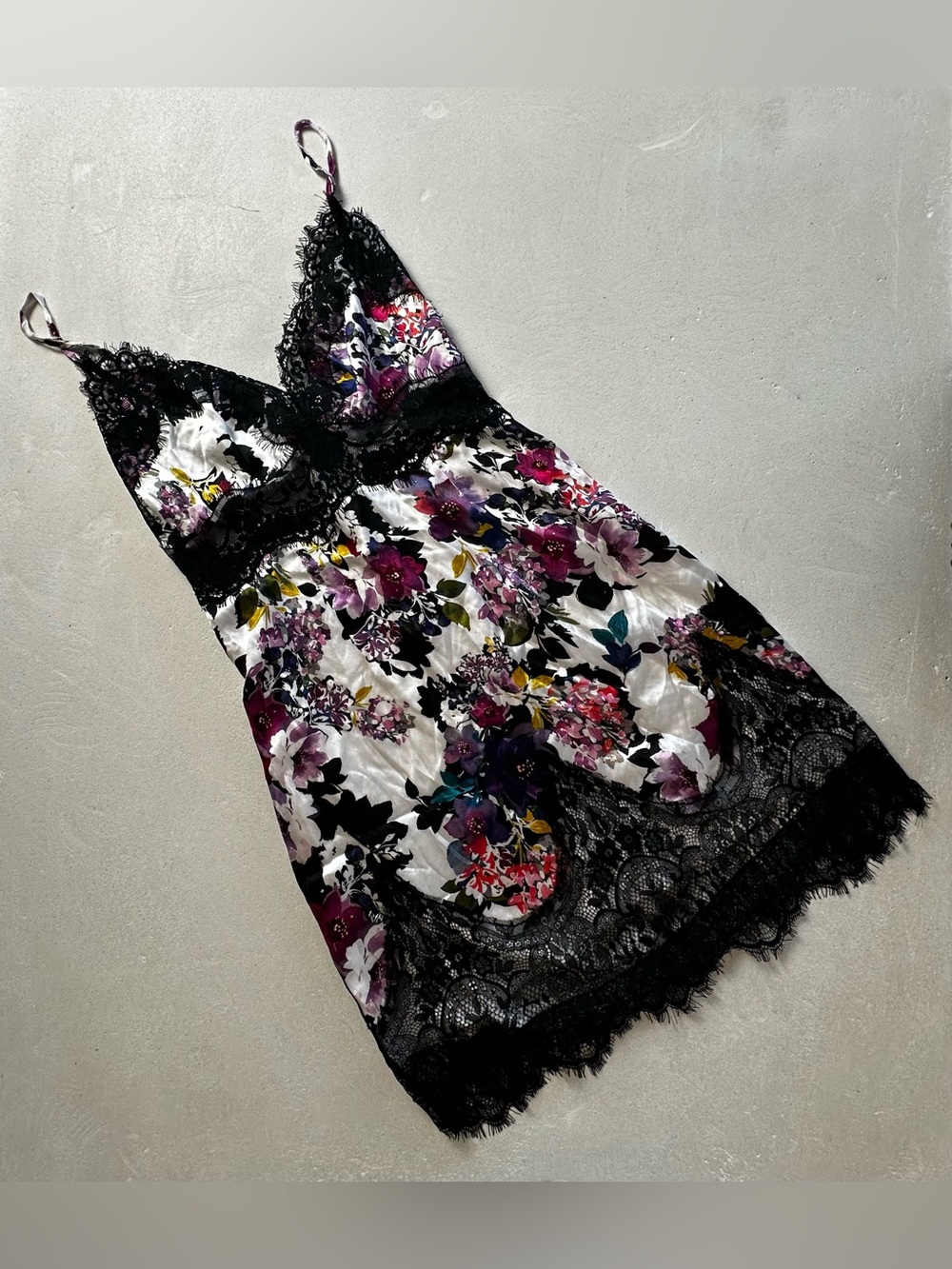 Authentic bebe Black Lace Trim Floral Satin Slip Dress